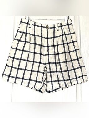 NWT Madewell Linen Cotton Pleated Mid Length Shorts Windowpane Plaid Size 4